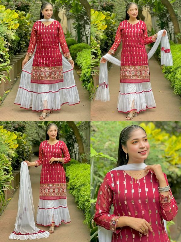 সারারা 32-44 বডি 40 লং পেন্ট প্রিমিয়াম নেট ফ্যাব্রিক পেন্ট এন্ড ওড়না জর্জেট ফ্যাব্রিক এন্ড সিকুইন্স এম্ব্রটারি কাজ করা কামিজ